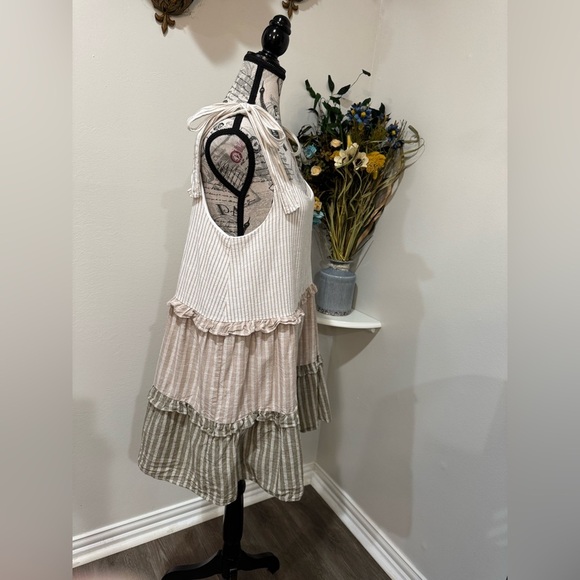 Mine CottageCore Boho Chic Striped Lined 100% Cotton Tunic Dress w/bow detail - Picture 3 of 9